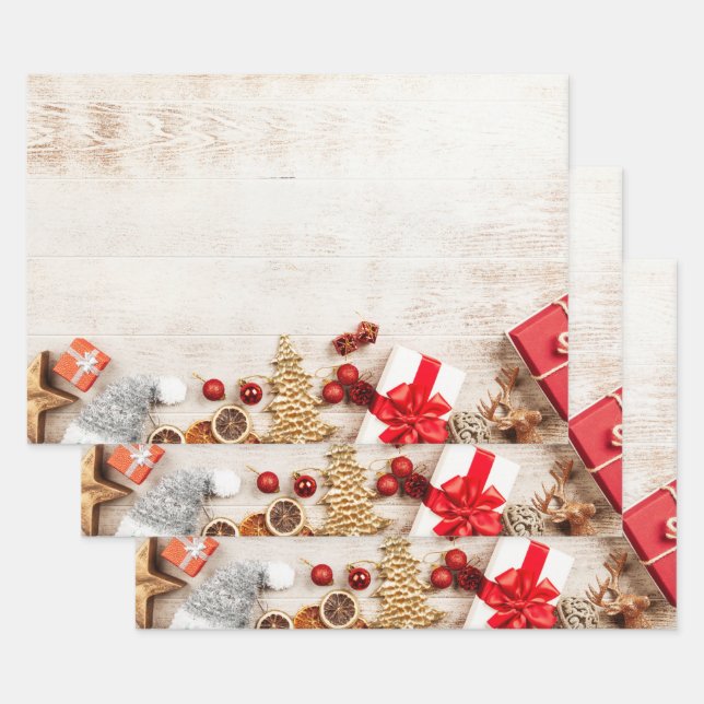 Christmas Themed Items on a Rustic Wooden Board Wrapping Paper Sheet (Set)