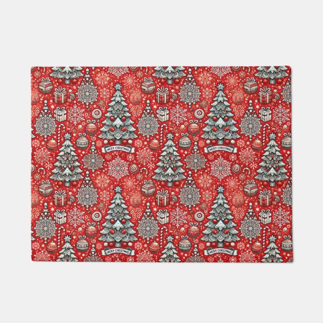Christmas-Themed Pattern with Trees, Snowflakes Doormat (Front)