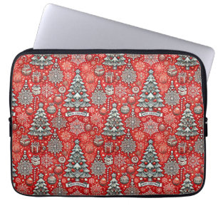 Christmas-Themed Pattern with Trees, Snowflakes Laptop Sleeve