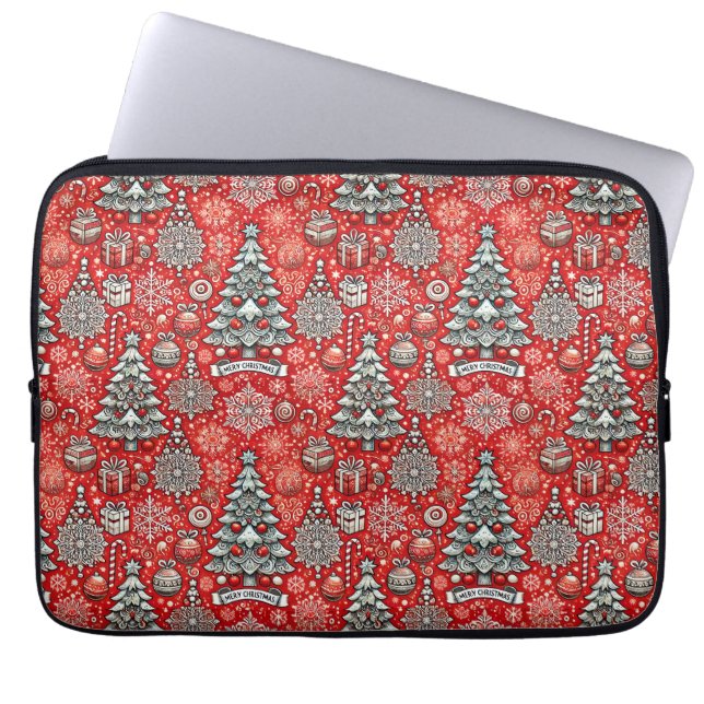 Christmas-Themed Pattern with Trees, Snowflakes Laptop Sleeve (Front)