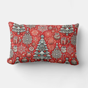 Christmas-Themed Pattern with Trees, Snowflakes Lumbar Cushion
