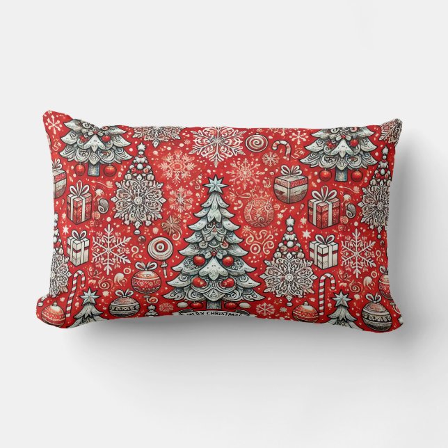 Christmas-Themed Pattern with Trees, Snowflakes Lumbar Cushion (Front)