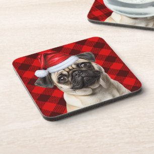 Christmas Themed Pug Dog Holiday Buffalo Plaid Coaster