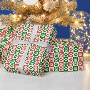 Christmas themed Red and Green Paw Print Pattern Wrapping Paper