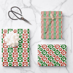 Christmas themed Red And Green Paw Print Pattern Wrapping Paper Sheet