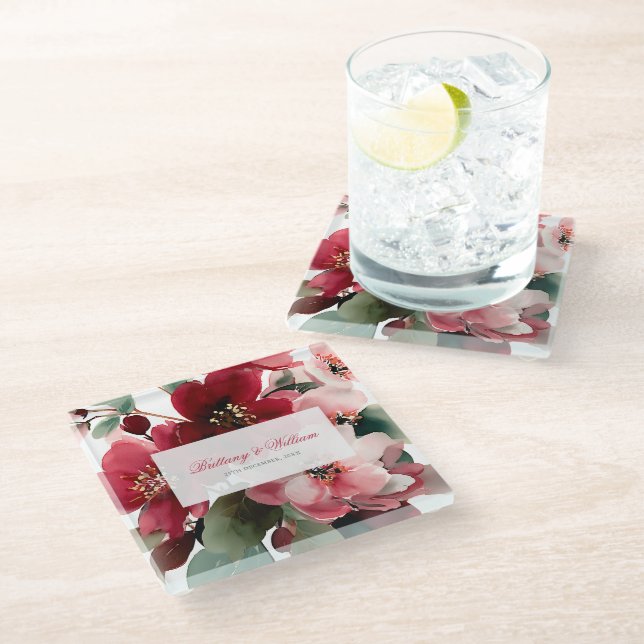  Christmas Themed Red Floral Wedding  Glass Coaster (Angled)