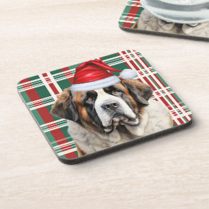 Christmas Themed Saint Bernard Dog Holiday Plaid Coaster
