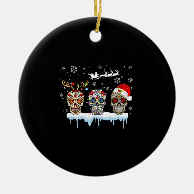 Christmas Three Mexican Flower Sugar Skull In Ceramic Tree Decoration (Front)