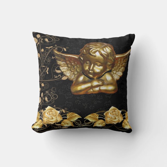 Christmas Throw Pillow, Gold Angel Floral Cushion (Front)