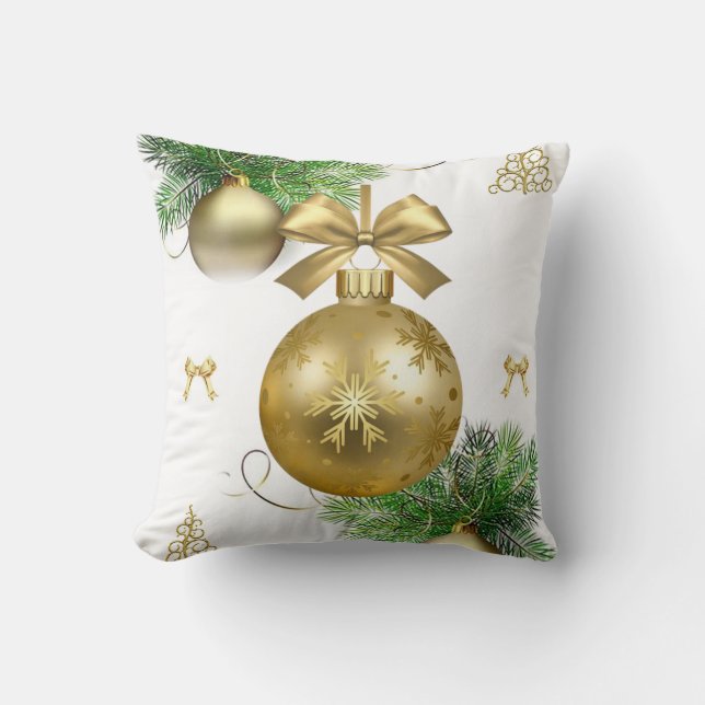 Christmas Throw Pillow, Gold Balls Cushion (Front)