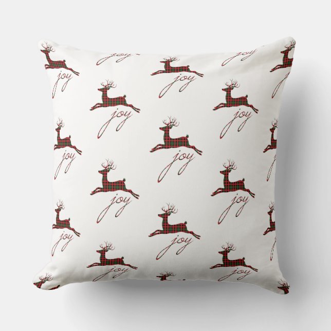 Christmas Throw Pillow-Plaid Joy Reindeer Cushion (Front)