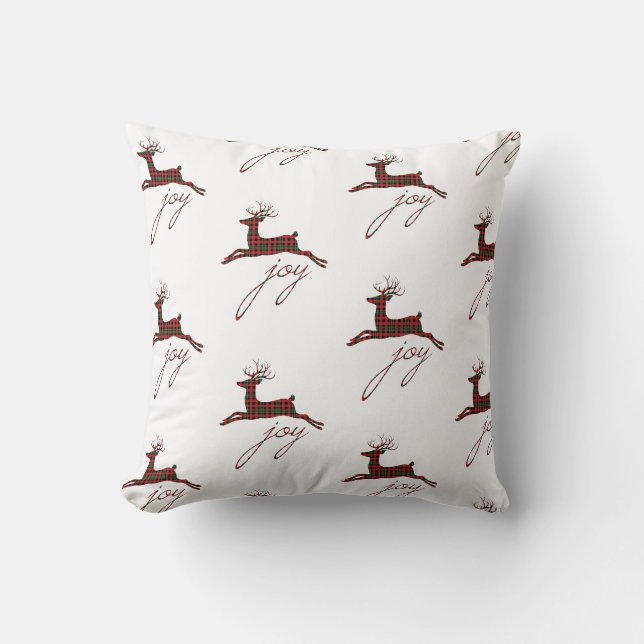 Christmas Throw Pillow-Plaid Joy Reindeer Cushion (Front)
