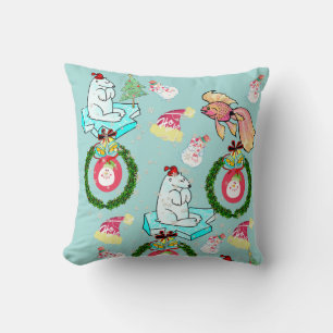 Christmas Throw Pillow, Polar Bear Fish Snowman Cushion