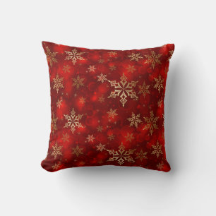 Christmas Throw Pillow-Red & Gold Snowflakes Cushion