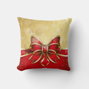 Christmas Throw Pillow/Red Ribbon and Bokeh Cushion