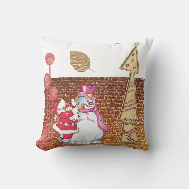 Christmas Throw Pillow, Snowman Gold Cushion (Front)