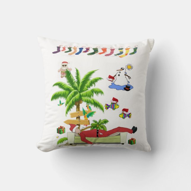 Christmas Throw Pillow, Summer Beach Bum Santa Cushion (Front)