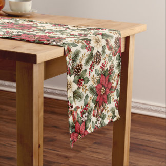 Christmas Tidings Poinsettia & Plaid Pattern Short Table Runner