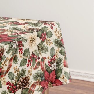 Christmas Tidings Poinsettia & Plaid Pattern Tablecloth