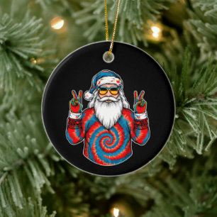 Christmas Tie Dye Santa Peace Sign Sunglasses Xmas Ceramic Tree Decoration