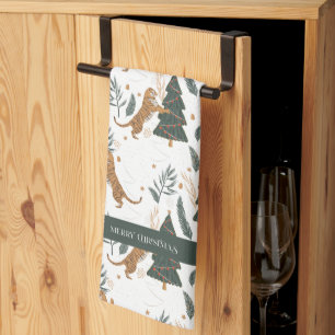 Christmas Tiger and a Tree Pattern Tea Towel