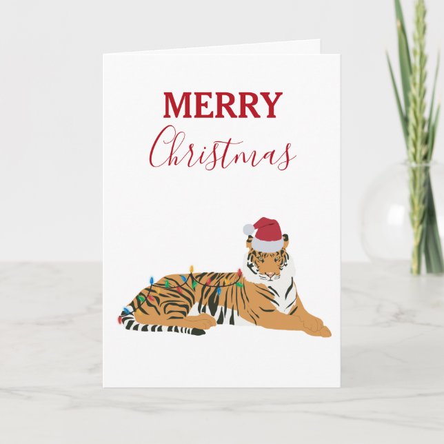 Christmas Tiger Funny Animal with Santa Hat Card (Front)