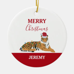 Christmas Tiger Funny Animal with Santa Hat Card Ceramic Tree Decoration