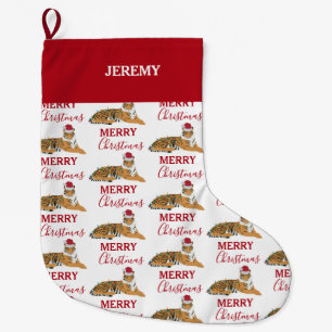 Christmas Tiger Funny Animal with Santa Hat Large Christmas Stocking