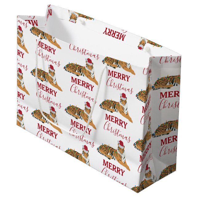 Christmas Tiger Funny Animal with Santa Hat  Large Gift Bag (Front Angled)