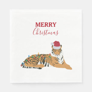 Christmas Tiger Funny Animal with Santa Hat Napkin