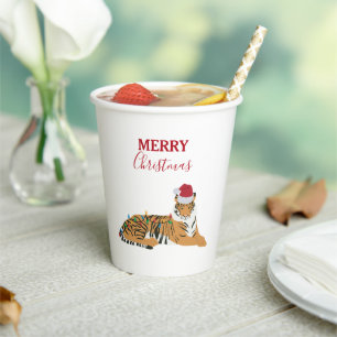 Christmas Tiger Funny Animal with Santa Hat Paper Cups