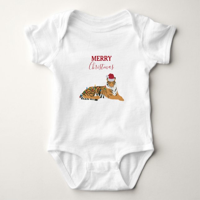 Christmas Tiger Funny Animals with Santa Hat  Baby Bodysuit (Front)