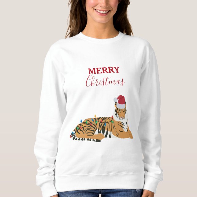 Christmas Tiger Funny Animals with Santa Hat  Sweatshirt (Front)