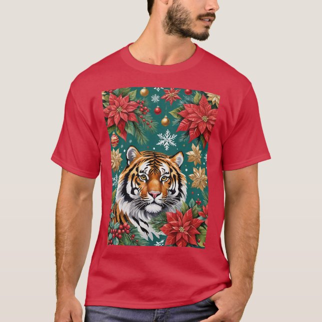 Christmas Tiger With Poinsettias & Snowflakes T-Shirt (Front)