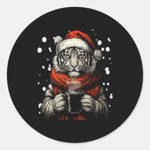 Christmas Tiger With Santa Hat Coffee Lover Funny  Classic Round Sticker