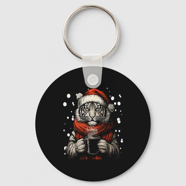 Christmas Tiger With Santa Hat Coffee Lover Funny  Key Ring (Front)