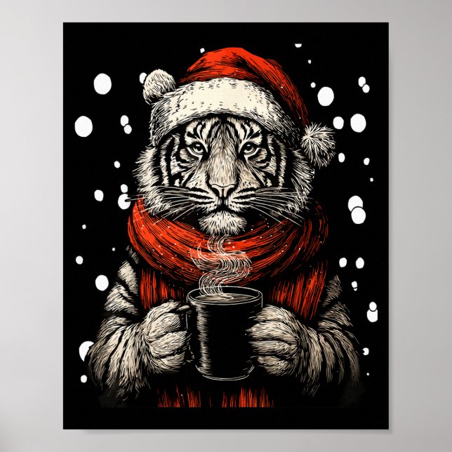 Christmas Tiger With Santa Hat Coffee Lover Funny  Poster (Front)
