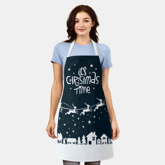 Christmas time festive blue holiday santa reindeer apron (Worn)