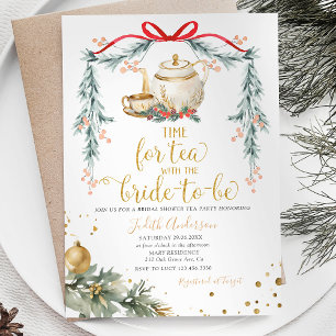 Christmas Time For Tea Party Red Bow Bridal Shower Invitation