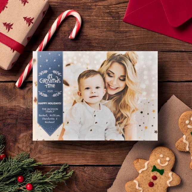 Christmas Time indigo blue happy Holidays photo Holiday Card (Creator Uploaded)