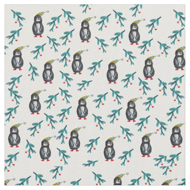 Christmas Time Penguins Watercolor  Fabric (Close Up)