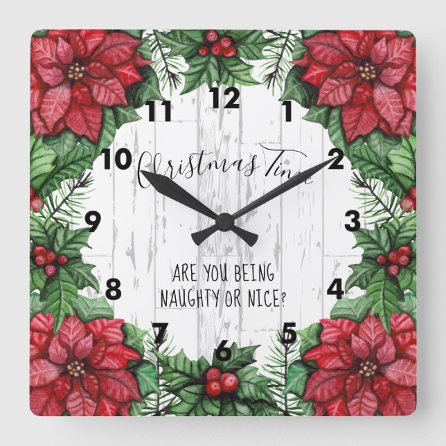 Christmas Time Poinsettia and Holly Berries Square Wall Clock (Front)