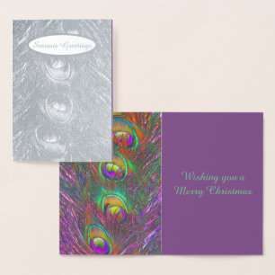 Christmas Tinsel Peacock Feathers Personalised Foil Card