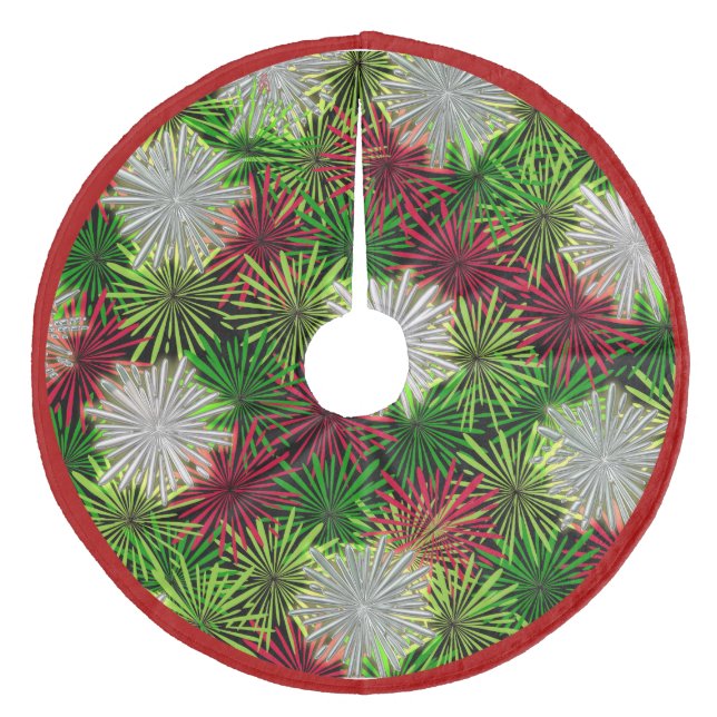 Christmas Tinsel PomPoms - Red, Green and White Fleece Tree Skirt (Front)
