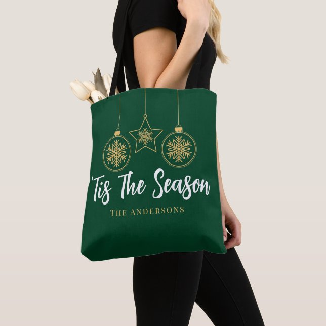 Christmas 'Tis The Season Green Gold, White Family Tote Bag (Close Up)