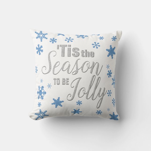 Christmas Tis the Season Snowflake Blue Silver Cushion (Front)