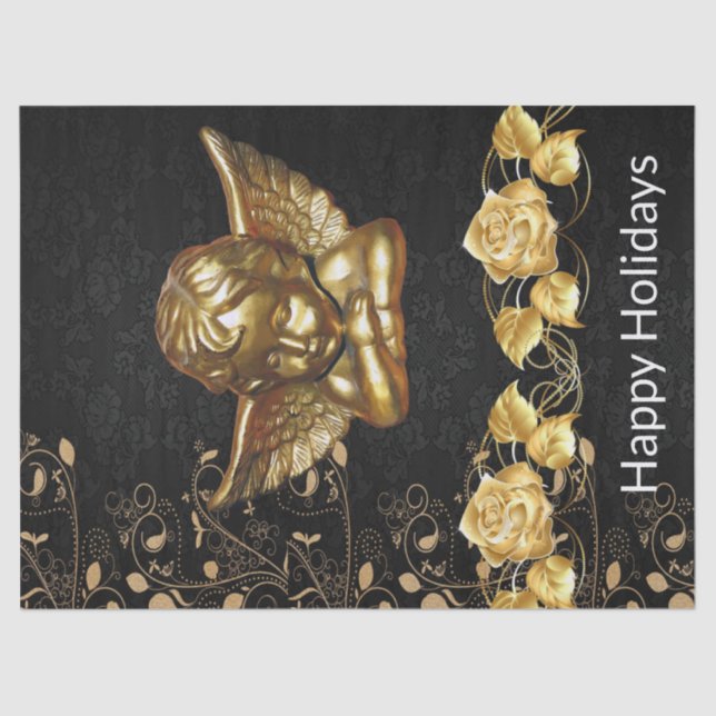 Christmas Tissue Paper Happy Holidays Gold Angel (Front)