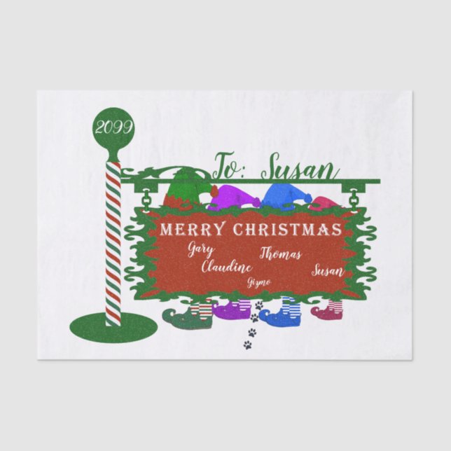 Christmas To and From Family Names Elves Sign Tissue Paper (Front)