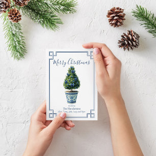 Christmas Topiary Tree Blue and White Holiday Card