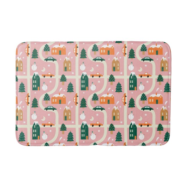 Christmas Town Holiday Map Pattern Bath Mat (Front)